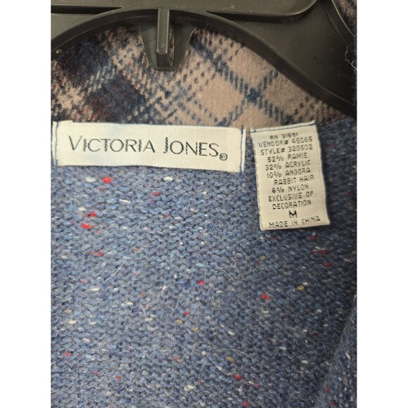 Vtg Christmas Sweater Victoria Jones Cardigan Zip-Up Blue Angora Snowman 90s Med - Picture 5 of 8